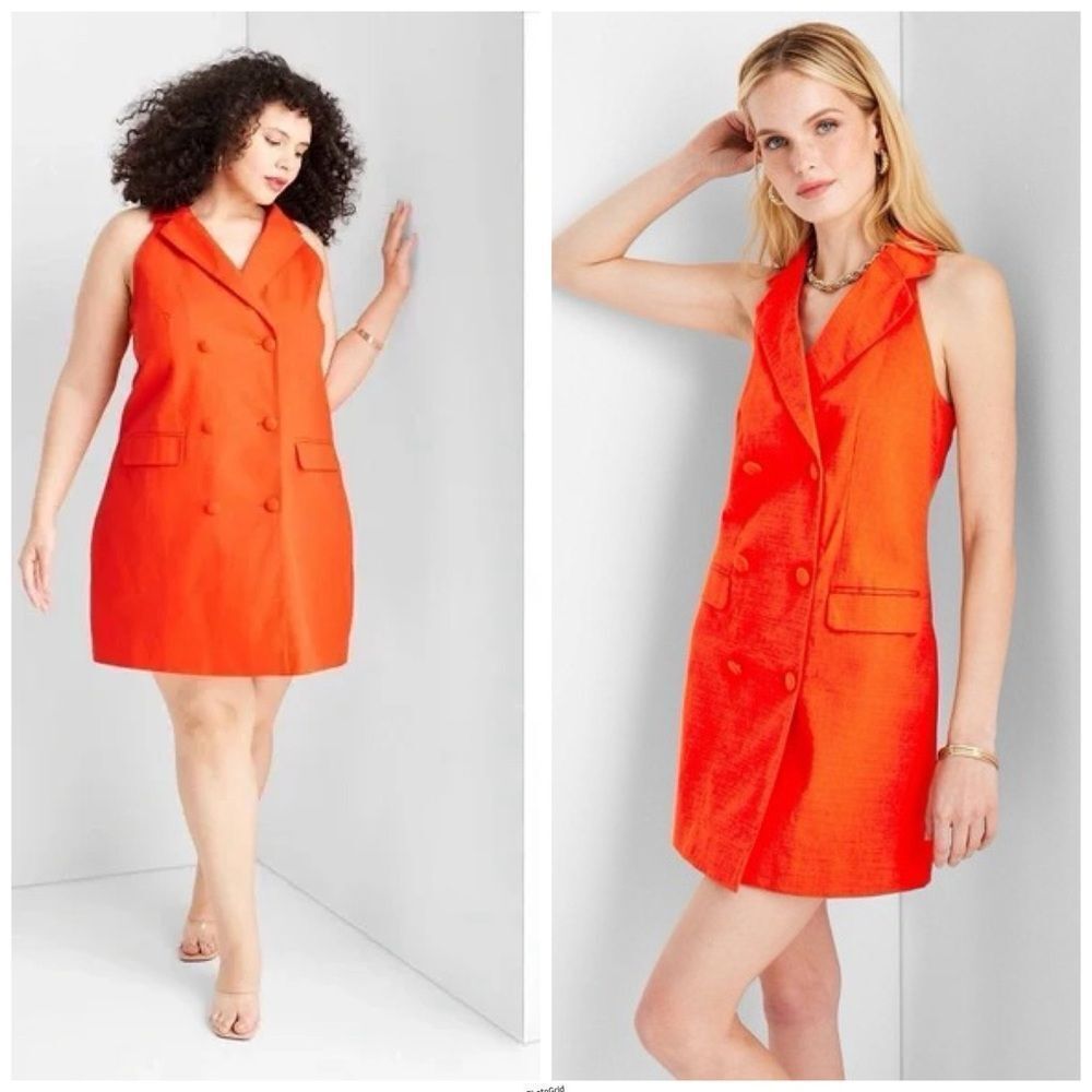 Future Collective Jenee Naylor Red Orange Double-Breasted Blazer Mini Dress
